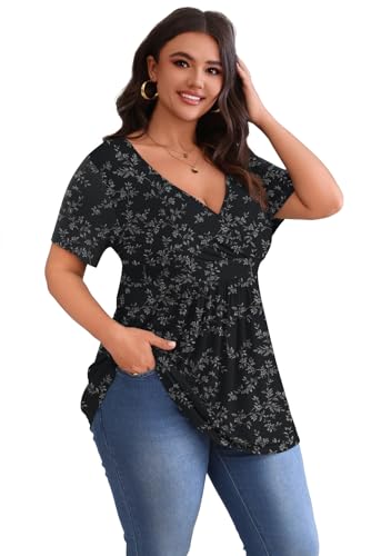 POSESHE Plus Size Tops for Women Short SleevesCasual Blouses Tunic Tops Plus Fashion Soft Tunic Tops,Black White Floral,3XL
