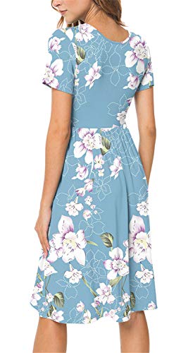 DB MOON Women Casual Short Sleeve Dresses Empire Waist Knee Length Dress with Pockets (Flower Light Blue, L)