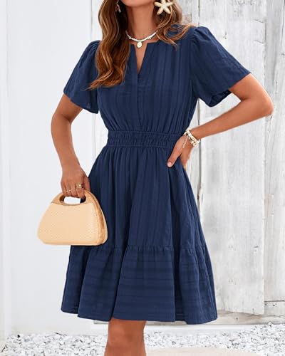 Womens Boho Mini Dress, Lightweight Cotton, V-Neck, Short Sleeve, Elastic Waist, Pockets – Navy Blue, Small