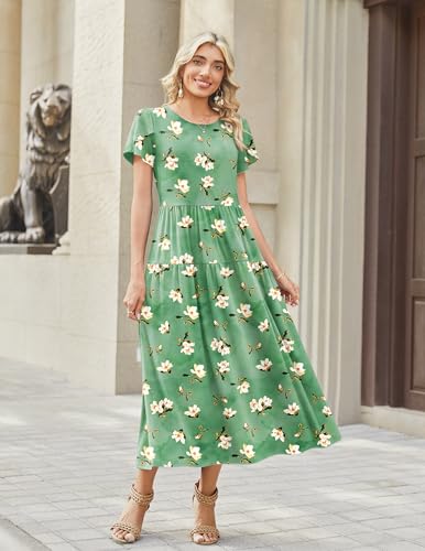 Zeagoo Summer Dresses for Women 2026 Maxi Bohemian Floral Short Sleeve Long Dress Casual Flowy Tired Beach Sundress Green Floral XL