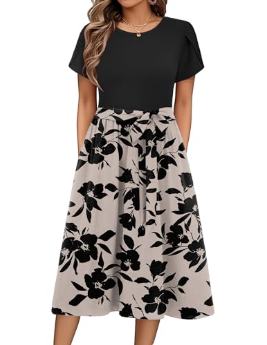 Zeagoo Midi Dresses for Women Casual Summer Dress 2025 Women Short Sleeve Sundress Ladies Floral Print Boho Dress A-Line Dress Black-Floral L