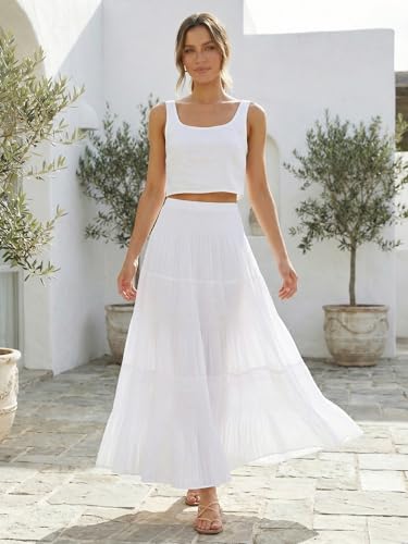Shestellar Women's Floral Pleated Long Maxi Skirt | High Waist A-Line Flowy Summer Vacation Skirt - White M