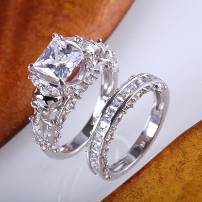 Jeulia Skull Engagement Ring Sets Sterling Silver Promise Eternity Band Rings Diamond Princess Cut with Cubic Zirconia Wedding Engagement Anniversary Promise Rings Bridal Sets (9.5(U.S))