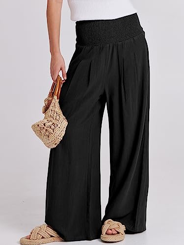 ANRABESS Women Linen Palazzo Pants Summer Boho Wide Leg High Waist Casual Lounge Pant 2026 Beach Travel Vacation Outfits Black Medium