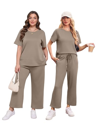 XIEERDUO Women Plus Size Lounge Sets 2 Piece Summer Outfits Spring Short Sleeve Loungewear Wide Leg Tracksuits Travel Cruise Wear Airport Track Suits Vacation Clothes Matching Clothing Khaki 3XL