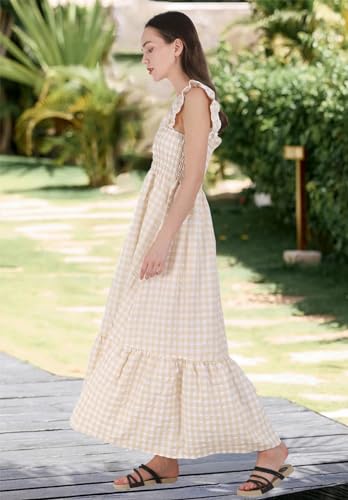 chouyatou Women's Retro Plaid Smocked Dress Spaghetti Strap Flounce Long Dress (Small, Khaki)