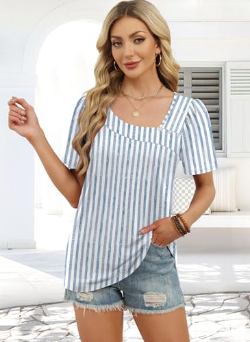 WIHOLL Womens Tops Summer Outfits Spring Clothing Short Sleeve Tshirts Shirts 2026 Trendy Dressy Business Casual Blouses Blue Stripes S