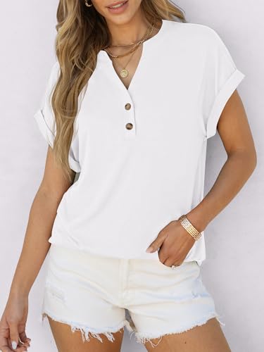 ANRABESS Womens Short Sleeve Henley Tops V Neck Dressy Casual Blouses Summer Trendy Tee Shirts 2026 Vacation Fashion Clothes White M