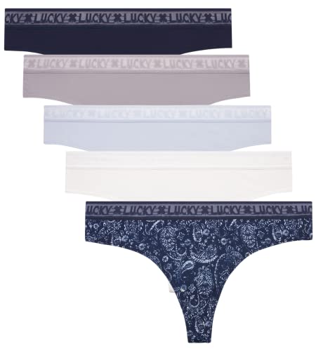 Lucky Brand Women's Underwear - 5 Pack Microfiber Thong Panties (S-XL), Size Large, Blue Iris/Gardenia/Silver Sconce/Blue/Multi