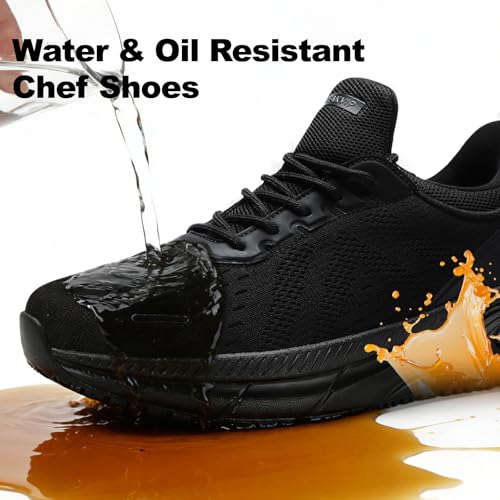 PEAKVIP Wide Non Slip Work Shoes for Men with Arch Support Cushioned Food Service Orthopedic Sneakers Slip on Waterproof Oil Resistant Chef Walking Footwear for Kitchen Restaurant Black US 10