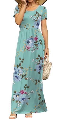 DB MOON Womens 2026 Casual Summer Maxi Dresses Short Sleeve Empire Waist Spring Long Dress with Pockets(Mint Green Floral, M)