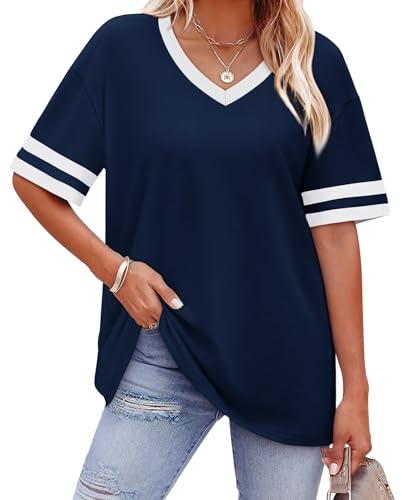 WIHOLL Womens Summer Tops for Women Trendy Women's Tops V Neck Tshirts Shirts for Women Plus Size Spring Clothes 2026 Short Sleeve Blouses Dressy Casual Ladies Striped Work Navy Blue L