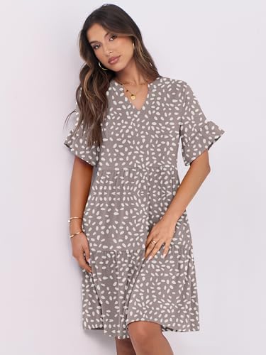 ANRABESS Womens Summer 2026 Trendy Ruffle Short Sleeve V Neck A Line Tiered Flowy Loose Casual Mini Beach Dress with Pockets Khaki Polka Dot Large