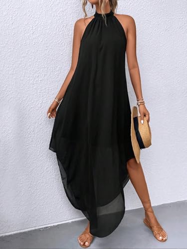 Verdusa Women's Wedding Guest Dress Halter Flowy Chiffon Asymmetrical Long Summer Prom Dress Black Medium