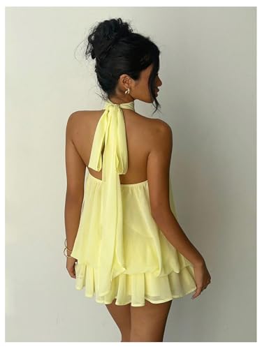 Verdusa Women's Chiffon Halter Drop Waist Wedding Guest Dresses Ruffle Summer Mini Dress Brunch Outfits Butter Yellow Large