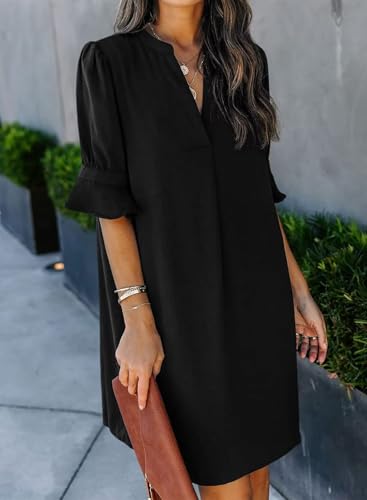 Wkior Summer Dress for Women Short Sleeve Solid Color Loose Casual Elegant Dress Black L