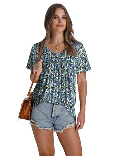 Womens Tops Dressy Casual V Neck T Shirts Ruffle Front Spring Outfits Plus Size Clothes Womens Summer Tops 2026 Fashion Clothing Loose Fit Blouses Oversized Tshirts Floral Blue 3XL
