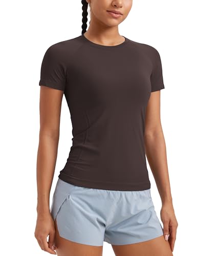 CRZ YOGA Seamless Workout Tops for Women Hip Length - Athletic Running Gym Yoga Short Sleeve Shirts Breathable Crewneck Tees Hot Fudge Brown X-Large