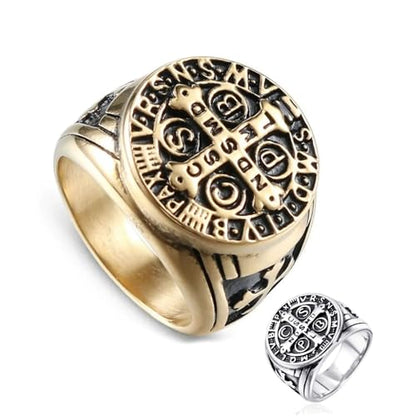 MRENITE Personalized 10K 14K 18K Gold Catholic St Saint Benedict Cross Ring for Men Round Pinky Signet Ring Custom Size Engraved Name Religious Gift Ring for Father