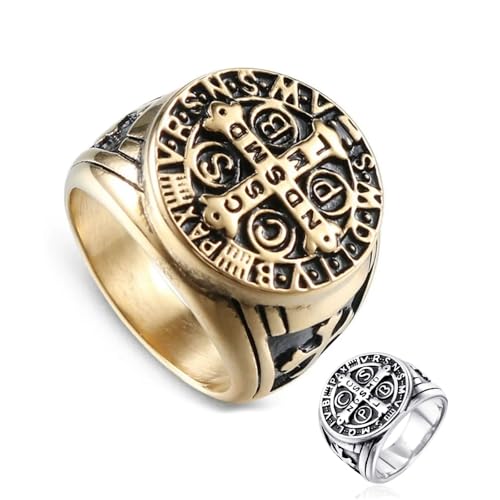MRENITE Personalized 10K 14K 18K Gold Catholic St Saint Benedict Cross Ring for Men Round Pinky Signet Ring Custom Size Engraved Name Religious Gift Ring for Father