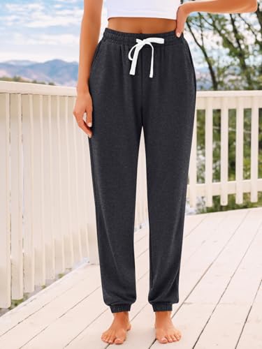 AUTOMET Women‘s High-Waisted Sweatpants with Pockets, Loose Lounge & Pajama Pants for Fall, Winter, Spring Yoga Travel BlackGrey L