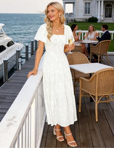 ZESICA Women‘s Summer Boho Floral Midi Dress 2026 Casual Short Sleeve Square Neck Flowy Beach Vacation Long Dress,White,Medium
