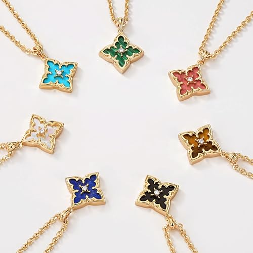 Fettero Gold Clover Necklace for Women Dainty 14K Gold Plated CZ Pendant Necklace Charm Colorful Clover Pendant Lucky Necklaces for Women Jewelry - White Mother of Pearl