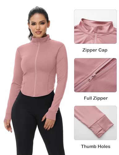 Dalavch 3 Pack Womens Cropped Full Zip up Workout Jacket Slim Fit Running Athletic Gym Yoga Sports Jacket with Thumb Holes 1 Black 1 Pink 1 Blue Medium