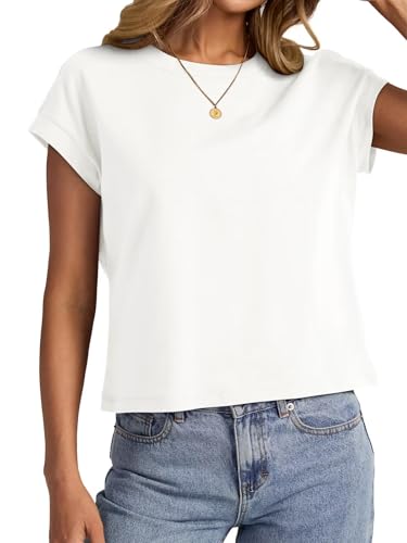 EasyGala Womens Cap Sleeve Crop Tops Cotton T Shirts Crewneck Loose Fit Short Sleeves Tee Summer Fashion Clothes 2025 A-White