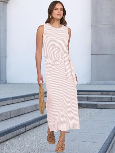 ANRABESS Womens Summer Casual Sleeveless T Shirt Midi Dress Slim Fit Tie Waist Split Tank Long Dresses 2025 Vacation Sundress Striped Pink Large