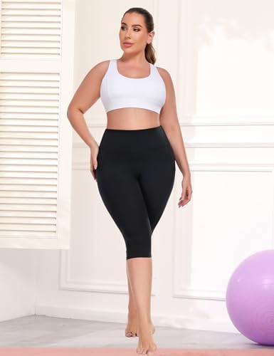 MEJING Womens Plus Size Capri Leggings with Pockets, Black Yoga Pants High Waisted, Knee Length Workout Legging Stretchy, Gym Activewear XL