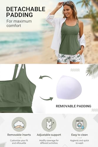 Tempt Me Green Leaves Two Piece Tankini Swimsuits for Women Tummy Control Bathing Suit with Shorts Athletic Swimwear XL