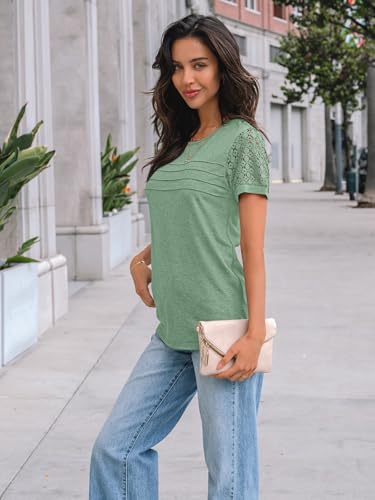 AUTOMET Short Sleeve Shirts for Women Summer Tops 2026 Spring Fashion Dressy Casual Outfits Lace Trendy Top Cute Work T Shirt Business Vacation Clothes Blouses Light Green M