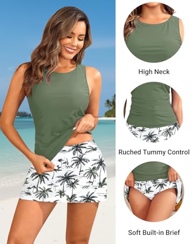 Daci Womens Green Palm Tree Tankini Swimsuits with Skirt - Two Piece Tummy Control Bathing Suits High Neck Swimwear L