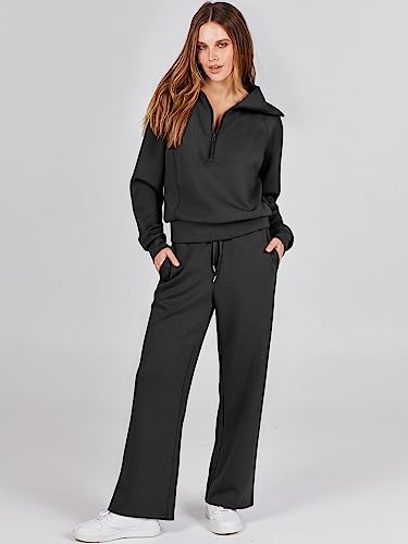 ANRABESS Women 2 Piece Outfits 2025 Fall Fashion Airport Wide Leg Pants Lounge Set Leisure Travel Vacation Clothes Sweatsuits Black Large