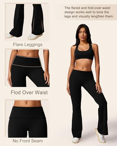 MOOSLOVER Women Flare Leggings Fold Over Bootcut Yoga Pants Casual Y2K Lounge Pants Comfy Cotton Leggings(M,Black)