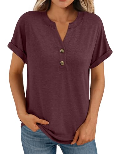 AUTOMET Women's Short Sleeve Shirts Henley Dressy Casual Summer Tops 2026 Spring Fashion Blouses Trendy Cute T-Shirts Business Work Outfits Clothes Wine L