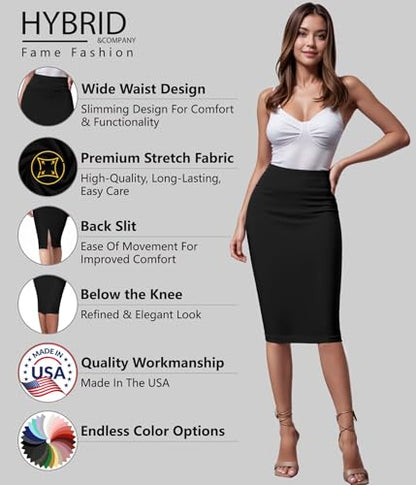 Hybrid & Company Women's Premium Nylon Ponte Stretch High Waist Pencil Suit Skirt Below Knee KSK45002 1073T Black 2X