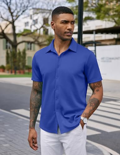 COOFANDY Men's Untucked Shirts Short Sleeve Regular Fit Summer Button Down Shirts Classic Blue XXL