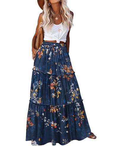 Zeagoo Womens Elastic High Waisted Skirts with Pockets Summer Long Maxi Skirts Women's Floral Printed A Line Skirts Womens Flowy Boho Tiered Skirts XL