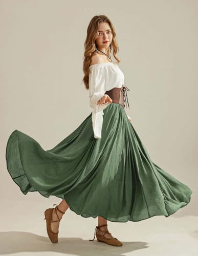 Scarlet Darkness Women Casual Maxi Skirt Flowy Bohemian Renaissance Long Skirts Olive Green S