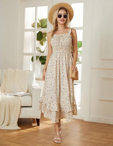 GRACE KARIN Women's 2025 Summer Floral Boho Dress Square Neck Strapped Swing A Line Sundress Beach Long Maxi OutfitsLight Yellow L