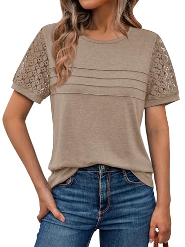 AUTOMET Short Sleeve Shirts for Women Summer Tops 2026 Spring Fashion Dressy Casual Outfits Lace Trendy Top Cute Work T Shirt Business Vacation Clothes Blouses Khaki L