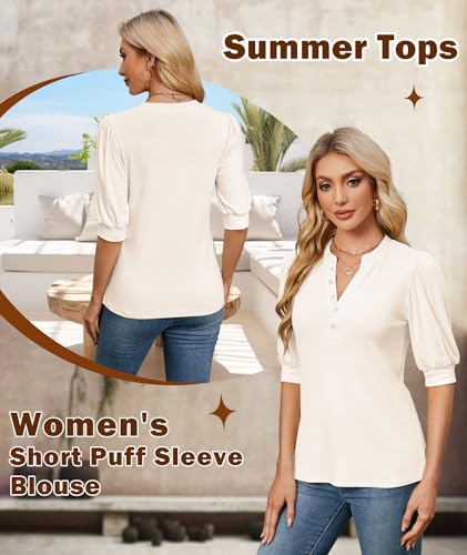 Ohhettm Summer Tops for Women 2026 Trendy Dressy Casual Blouse Puff Short Sleeve Shirts Knit Henley V Neck T Shirt Tunic White XL