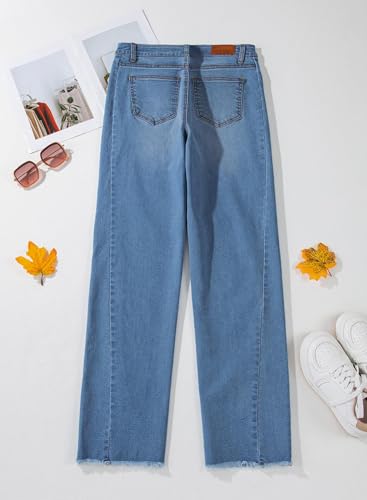 Sidefeel Women's Wide Leg Jeans High Waisted Stretchy Raw Hem Denim Pants Size 14 Blue