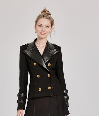 THE HUB LEATHER Bellaya Women Designer Fashion Blazar PU Faux wool pea Coat with Notch Collar