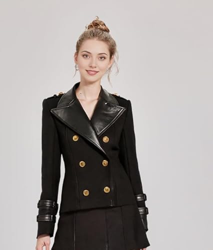 THE HUB LEATHER Bellaya Women Designer Fashion Blazar PU Faux wool pea Coat with Notch Collar