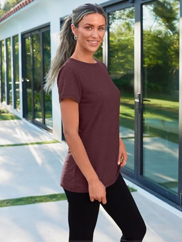 AUTOMET Women's Soft Basic Short Sleeve T-Shirt, Round Neck Tops Summer Casual Tee for Spring Shirts Clothes Everyday Wear 02winered L
