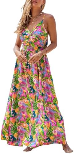 Sundresses - CUPSHE Women's Maxi Dress Floral Print Twisted V Neck Sleeveless Long Dress Summer Casual Dress Tropical Floral