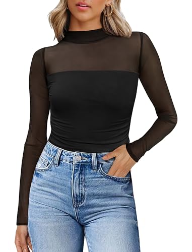 WIHOLL Sheer Long Sleeve Lace Tops for Women Sexy Mock Turtleneck Winter Clothing Mesh Work Shirts Dressy Casual School Summer Vacation Outfits for Teachers Beach Vacation Clothes Black M